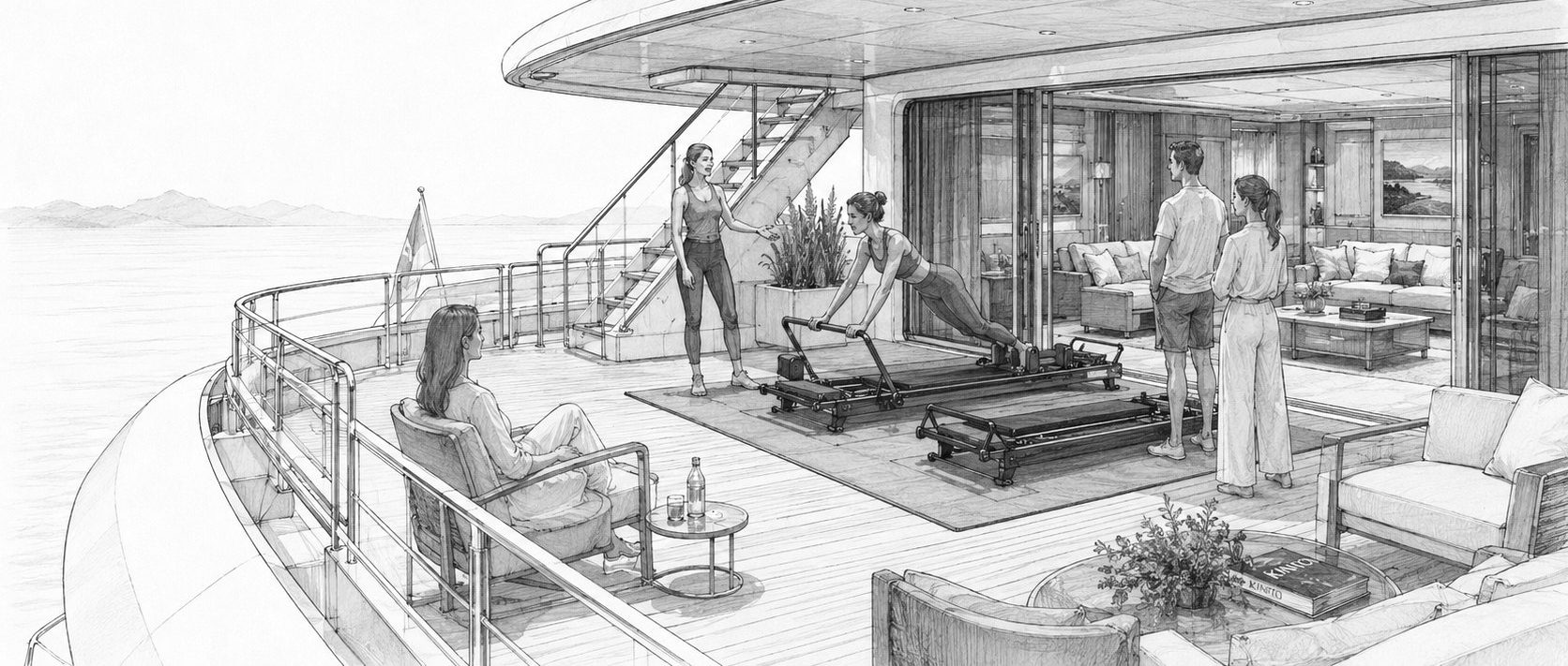 Drawing of the upper deck: two guests on Megaformers under the overhang, others watching from lounge chairs, open sea beyond