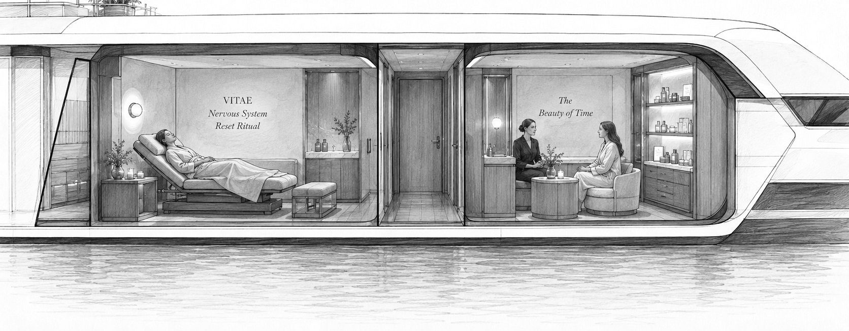 Sectional drawing of the lower deck: a guest reclining in the nervous-system room, and a second cabin set for a quiet encounter
