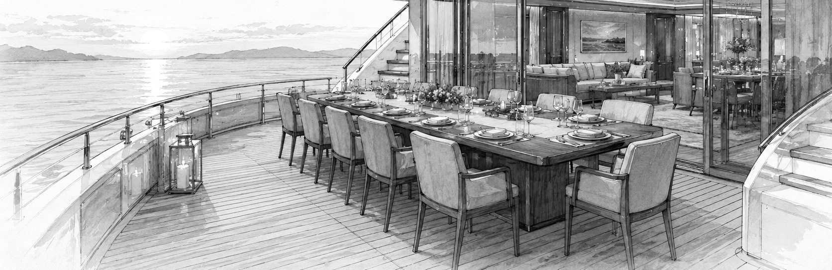 Drawing of the main deck aft: one long table laid for dinner, lanterns along the rail, sun low on the water